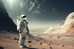 el astronauta en espacio traje caminando en planeta. exploración de el del planeta superficie. generativo ai foto