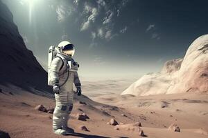 The astronaut in space suit walking on planet. Exploration of the planet's surface. photo