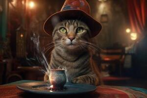 A fortune teller cat with a with tarot cards and candle. Generative AI photo