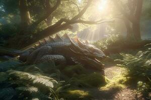A mighty forest dragon sleeps in the sunlight, in the middle of an ancient forest. Generative AI photo