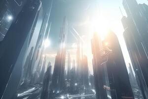 Modern futuristic glowing city with tall skyscrapers and modern technology. photo