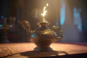 Ancient arabic lamp. Oil lamp in oriental style with floral texture. photo