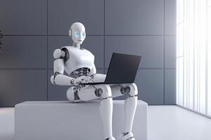 The robot works with a laptop in the office. illustration photo