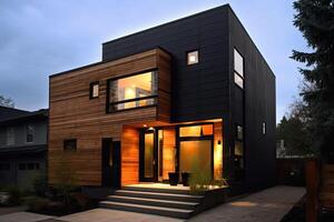 Exterior of a modern cozy house with large windows and lawn. photo