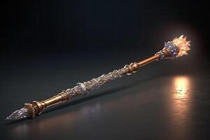 Magic wand with sparkle. Miracle magical stick wizard tool. photo