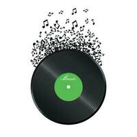Vinyl disk with flying sound note. Music disk vector illustration. Sound record.