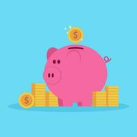 Piggy bank and dollar coin ideas for saving money isolated on blue background. vector illustration.