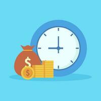 Time is money. cash and coins and clock isolated on blue background. vector illustration.