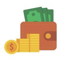 Brown wallet with money icon. vector