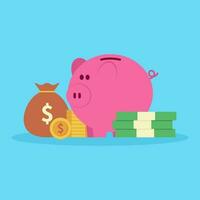 Piggy bank and dollar coin ideas for saving money isolated on blue background. vector illustration.