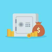 Safe box with money isolated on blue background. vector illustration.