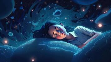 Dreaming Among the Stars 3D Illustration of a Young Asian Woman Sleeping in Deep Space. Generative AI photo