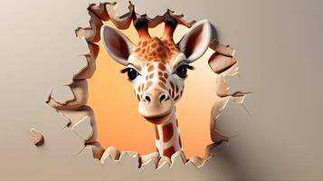 Lovely 3D Background with a Little Giraffe Peeping from a Broken Wall - Perfect for Children's Invitations and Scrapbooking. Generative AI photo