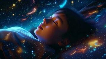 soñando entre el estrellas 3d ilustración de un joven asiático mujer dormido en profundo espacio. generativo ai foto