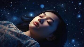 soñando entre el estrellas 3d ilustración de un joven asiático mujer dormido en profundo espacio. generativo ai foto