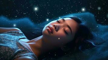 soñando entre el estrellas 3d ilustración de un joven asiático mujer dormido en profundo espacio. generativo ai foto