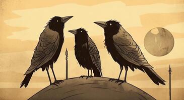 Three Crows with Large Antennas Standing in Foreground in Illustrative Style for Posters and Web. Generative AI photo