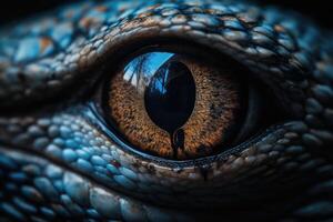 Cinematic Shot of a Blue Eye with a Thin Pupil Resembling that of a Cat or Reptile. Perfect for Posters and Web Design. photo