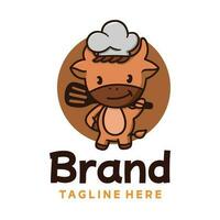 Cute Cow Chef Mascot Hold Spatula Food Logo Design vector