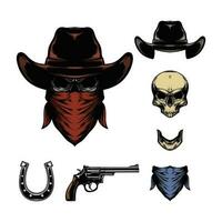 skull and cowboy set stuff in vintage hand drawn style vector