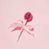 Romantic glittery lollipop, creative aesthetic girly layout, retro disco style, pastel pink background. photo