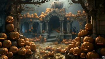 Halloween graveyad with pumkins. AI generated photo