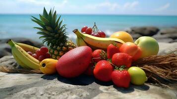 Fresco frutas en playa. ai generado foto