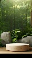 Zen podium, nature bamboo background. AI generated. photo
