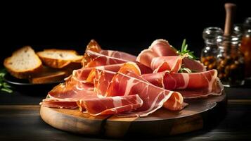 Italian prosciutto crudo or jamon with rosemary. Raw ham. photo