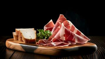 Italian prosciutto crudo or jamon with rosemary. Raw ham. photo