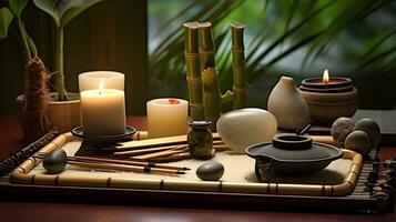 wellness salon concept, burning candles, stones, salt, spa, relaxation photo