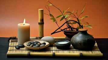 wellness salon concept, burning candles, stones, salt, spa, relaxation photo