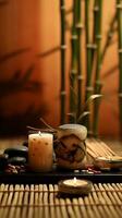 wellness salon concept, burning candles, stones, salt, spa, relaxation photo