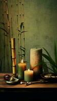 wellness salon concept, burning candles, stones, salt, spa, relaxation photo