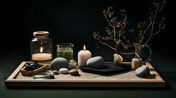 wellness salon concept, burning candles, stones, salt, spa, relaxation photo