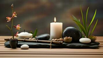 wellness salon concept, burning candles, stones, salt, spa, relaxation photo