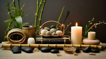 wellness salon concept, burning candles, stones, salt, spa, relaxation photo