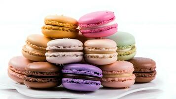 Colorful Macarons in white background. photo