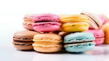 Colorful Macarons in white background. photo