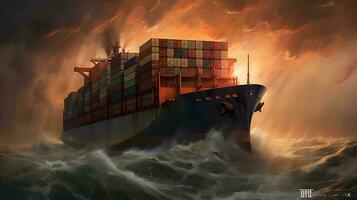 Container ship on stormy seas photo