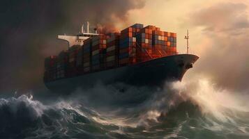 Container ship on stormy seas photo