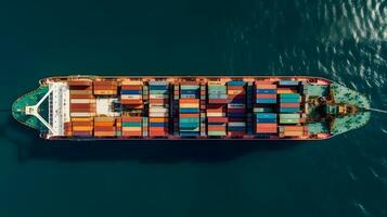 Aerial top down view of a large container cargo ship in motion over open ocean. photo