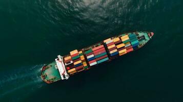 Aerial top down view of a large container cargo ship in motion over open ocean. photo