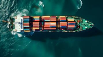 Aerial top down view of a large container cargo ship in motion over open ocean. photo