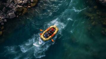 Aerial top view Extreme sport kayak sails mountain river with sun light. Rafting, whitewater kayaking. photo