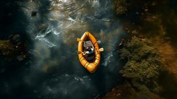 Aerial top view Extreme sport kayak sails mountain river with sun light. Rafting, whitewater kayaking. photo