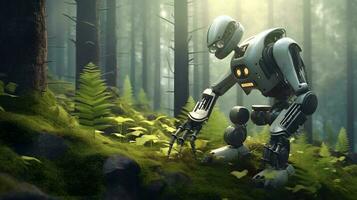 Cute little robot takes care of a plant. Concept for Earth Day, Ecology. photo