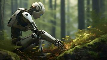 Cute little robot takes care of a plant. Concept for Earth Day, Ecology. photo