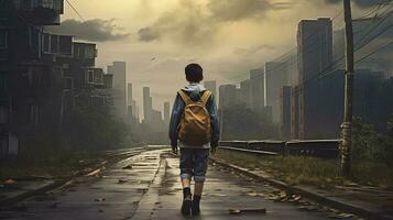 Happy smiling kid in glasses is going to school for the first time. Child boy with bag go to elementary school. photo