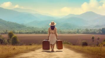 Happy travel woman on vacation concept. Funny traveler enjoy her trip and ready to adventure. photo